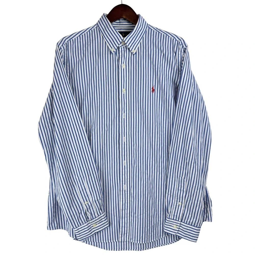 Ralph Lauren Button Down Shirt Mens XL Blue White Stripe Preppy Old Money Ivy